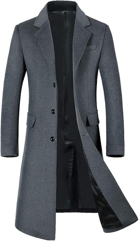 Mordenmiss Men's Long Slim Peacoat Winter Business Wool Blazer Gentlemen Trench Coat