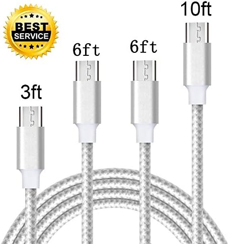 LEMONLU Android Charger Cable,4 Pack 3FT 6FT 6FT 10FT Extra Long Nylon Braided High Speed 2.0 USB to Micro USB Fast Charger Cable for Samsung Galaxy S7/S6 Edge,Note 5/4,HTC,LG,Nexus ( Silver White）
