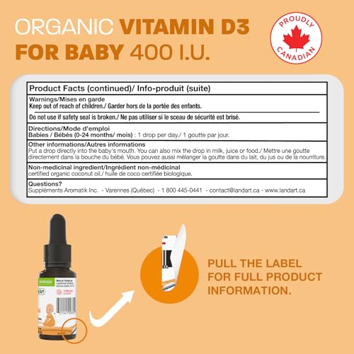 Vitamin D3 Drops for Babies - Certified Organic - Bone and Teeth Development - Easy Dosing - GMO-Free - Gluten-Free - Made in Canada - Supports Immune System - 400 IU per Drop - 490 Servings - 13.5ml
