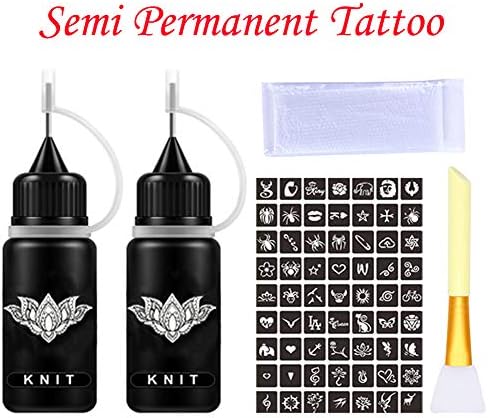 Knit - Jagua Henna Tattoo Kit, Black/Dark Blue Semi-Permanent Tattoo Ink 1oz, Freehand Temporary Tattoo Ink Kit (Organic Jagua Fruit Based Ink/Gel) Natural & Long Lasting for Women Men