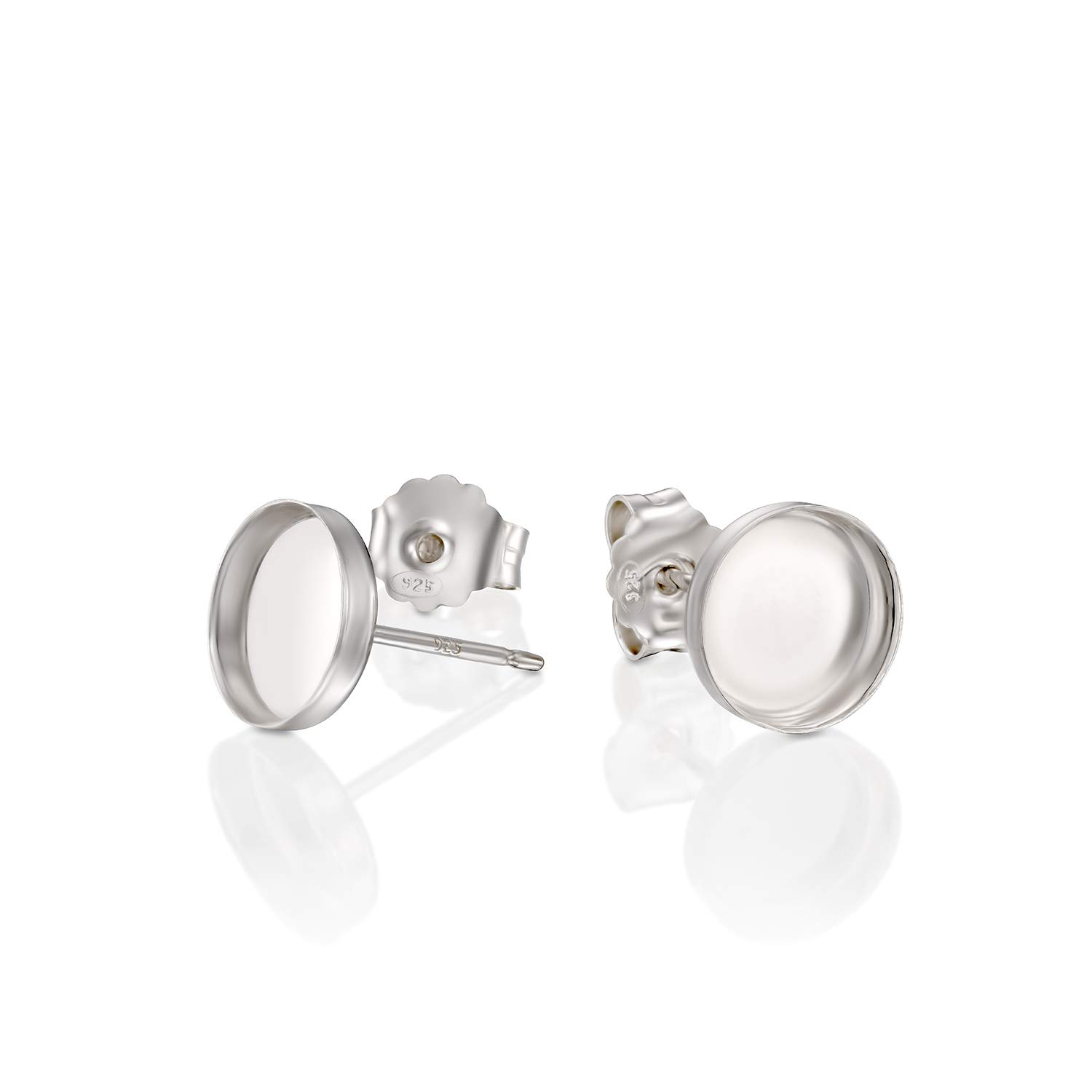 Round Setting 925 Sterling Silver 8 mm Bezel Cups Stud Earrings with Post & Butterfly Backs, 2 Pcs (1 Pair)