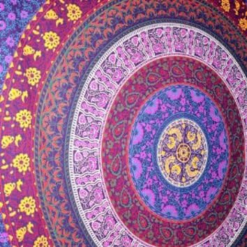 Handmade Bohemian Hippie Square Mandala Indian Tapestry In Vibrant Gold and Pink, 100% Cotton, Superior Quality (S5-Gold,Pink)