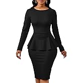 Women's Peplum Pencil Dresses Midi Bodycon Long Sleeve Crew Neck Modest Business Church Work Dress Elegant