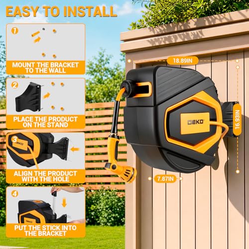 Retractable Hose Reel:100 ft x 1/2 inch, Garden Hose Reel with 9-Pattern Nozzle, 180°Swivel Bracket Wall-Mounted, Automatic Rewind, Lock at Any Length, with Slow Return System