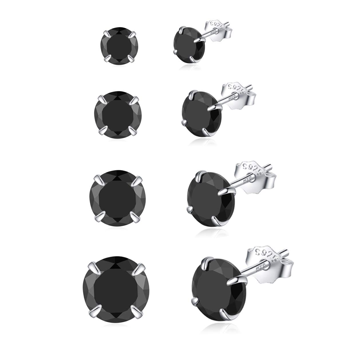 Shuxin Silver Stud Earrings for Women, 4 Pairs 925 Sterling Silver Zirconia Stud Earrings Set, Hypoallergenic Small Sleeper Cartilage Studs, with Black 5A Cubic Zirconia, Size: 3, 4, 5, 6mm — image 1