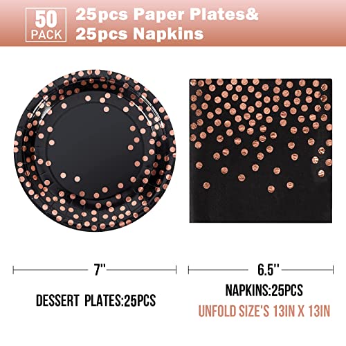 CENLBJ Black and Rose Gold Paper Plates and Napkins 50 Pack25 * 7