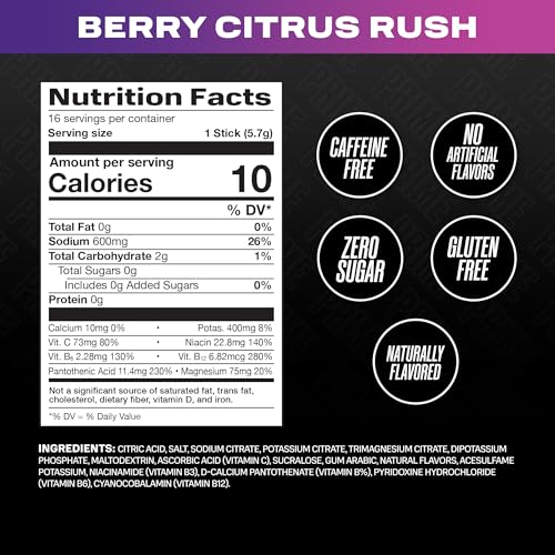 PRIME RAPID REHYDRATION ELECTROLYTE POWDER STICKS, BERRY CITRUS RUSH, SUGAR FREE HYDRATION DRINK MIX WITH SODIUM, POTASSIUM, MAGNESIUM & B VITAMINS TO REPLENISH FLUIDS, CAFFEINE FREE, 16 COUNT