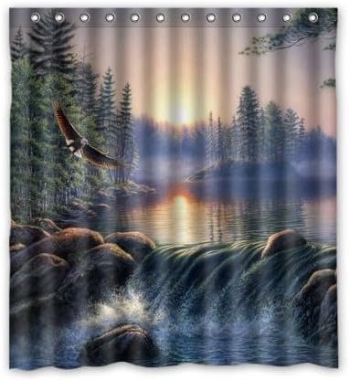 Custom Shower Curtain Fog Sunrise Forest Nature River Bear Eagle Waterproof Fabric Bathroom Shower Curtain 66" x 72"