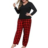 Women Plus Size Pajamas Set Plaid Lounge Pants V-Neck Short Sleeve Cotton T Shirt 2 Piece Sleepwear