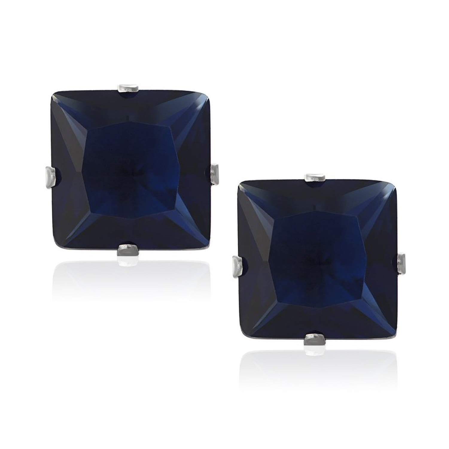 5MM Square Princess Cut CZ Birthstone Stud Earrings/Ear Studs for Women/Teenage/Girls - 925 Sterling Silver - Round Silver Earrings - Sapphire Blue