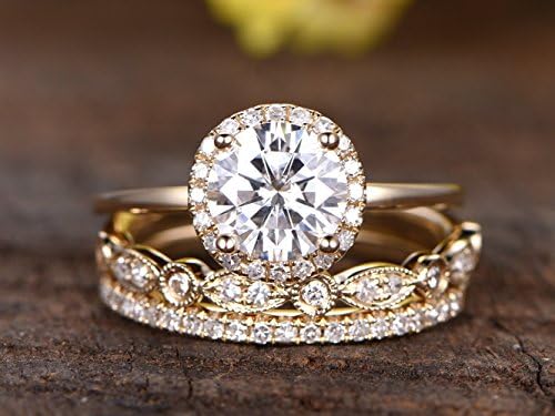 6.5mm Round Forever Classic Moissanite Wedding Jewelry Ring Set,14k Yellow Gold Plain Band HALO,Natural Diamond Half Eternity Vintage Bridal Proposal Matching Band Propose Sets