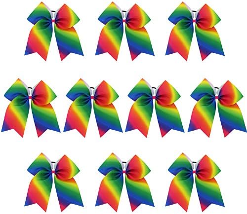 Chiffon Larger Rainbow Cheer Bows Hair Ties Cheerleading Pony Tail Holder Elastic Head Loop For Girls Infant Teens Uniform 10Piece Rainbow