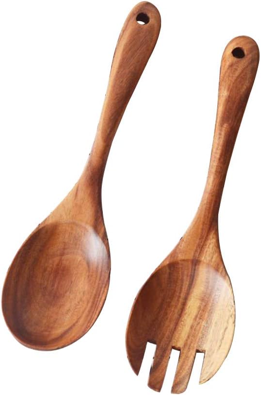 EBILUN Wooden Spoon, 2pcs Portable Reuseable Eco-Friendly Wooden Retro Salad Spoon Tableware