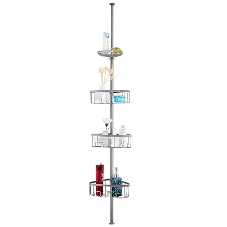 COSTWAY Duschregal Teleskop, Duscheckregal höhenverstellbar, Badregal metall, Duschablage ohne Bohren, mit 4 höhenverstellbar