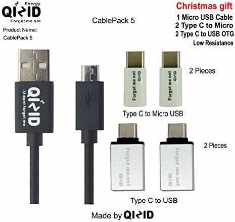 QIZID CablePack 5 Micro USB Cable to USB 2.0 Low Resistance 80cm Black Charge and Sync Cable Cord with 2 Type C to Micro USB 2 Type C to USB OTG Adapter for Samsung, HTC, Sony Nexus LG Android Device