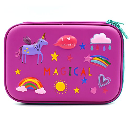 3D Rainbow Unicorn Embossed Hardtop Pencil Case - School Girls Large Colored Pen Holder Box With Compartments - Kids Cute Cosmetic Pouch Bag Stationery Organizer (Purple)