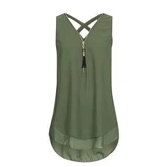 OverDose Damen Sommer Ärmellos T-Shirt Hemd Frauen lose Tank Tops Kreuz zurück Saum gelegt Reißverschluss V-Neck Tops