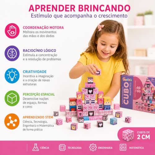Blocos de Construção Magnéticos Castelos e Princesas, 80 Peças, Fansikids, Mini Cubos Educativos Empilháveis, Brinquedo Criativo para Crianças 3+ Anos, Kit Montagem com Ímãs