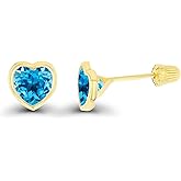 Solid 14K Gold Hypoallergenic 4mm Heart Shaped Birthstone Polished Bezel Screw Back Stud Earrings