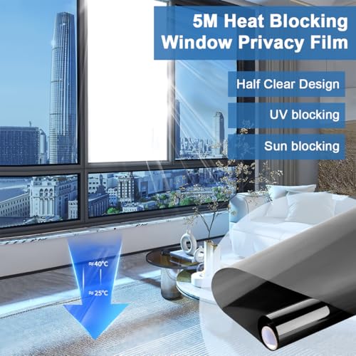 Window Film 50x500cm, Non-Adhesive Heat Insulation One-Way Privacy Mirror | UV Blocking Daytime Privacy Window Tint Dual Side Reflective Glass Film for Home & Office, Smooth Glass Door, DIY