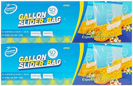 FUFRESH Gallon Slider Freezer Bags, 2*50ct, with Expandable Bottom and Smart Package for Food Storage and Food Freezer