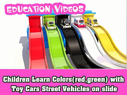 Children Learn Colors (red, green) with Toy Cars Street Vehicles on slide