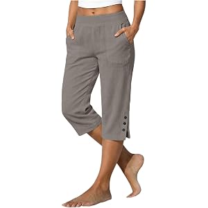 Womens Cotton Linen Capri Pants High Waisted Straight Leg Lightweight Trousers Casual Work Golf Capris with Pockets