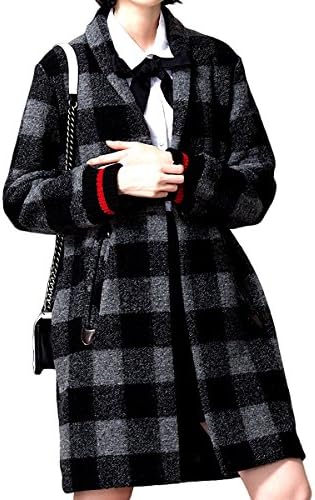 FOND Women's Classic Plaid Printed Single Button Cashmere Worsted Coat Wool Blended Jacket