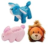 Li'l Pals Interactive Plush Small Size Squeaker Toy 3 Shape Variety Bundle: (1) Pink Bunny, (1) Tawny Lion, and (1) Blue Puppy
