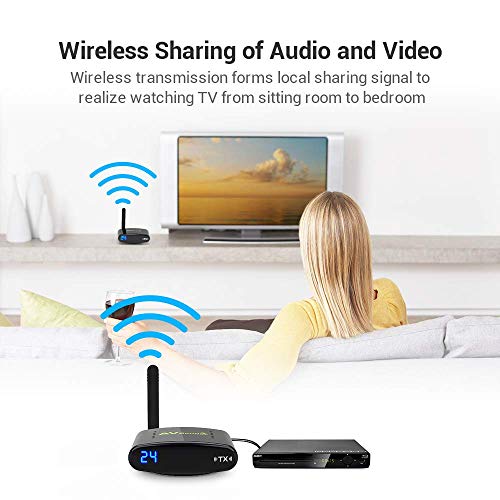 Wireless Audio Transmitter & Receiver,PAKITE 5.8GHz 24 Channels TV Transmitter and Receiver,Support 480P 200M Transmission Wireless RCA Video & Audio Sender for Satellite DVD to TV Home Use