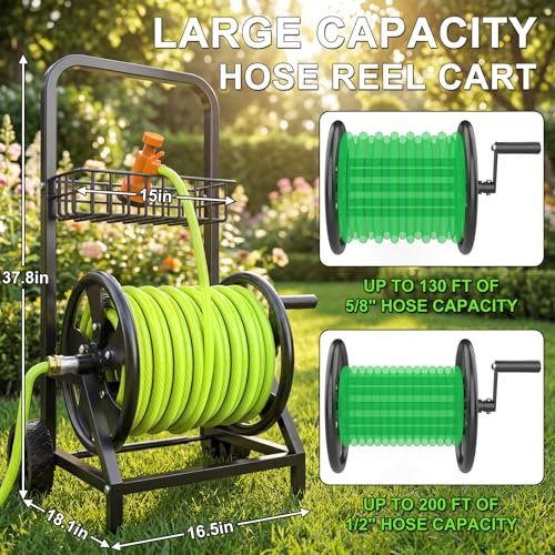 Garden Hose Reel Cart, Heavy Duty Hose Reel with Wheels, Hold Up to 200 ft of 1/2’’ Hose, Mobile Hose Reel Cart for Outside, Metal Water Hose Reel with Storage Basket for Backyard, Garden, Lawn