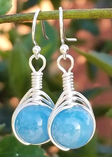 Aquamarine Beaded Silver Wire Wrapped March Birthstone Handmade Chakra Earrings
