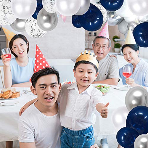 12 inch Navy Blue and Silver Confetti Balloons, White Pearl and Silver Metallic Party Balloons for Wedding or Birthday Decorations(60 pcs)