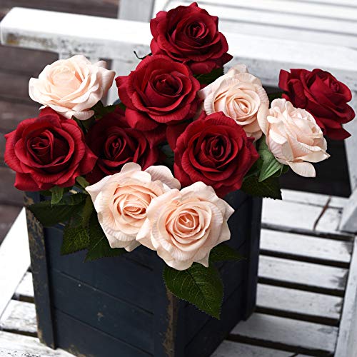 FiveSeasonStuff Fake Roses Wedding Flowers Real Touch Silk Enchanting Rose Mix Artificial Flowers (Dark Red, Champagne Pink) 12 Stems
