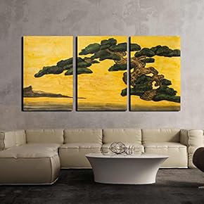 3 Piece Canvas Wall Art - Hand Painted Picture, Watercolours - Pine Tree on Yellow Background - Modern Home Art Stretched and Framed Ready to Hang - 16"x24"x3 Panels