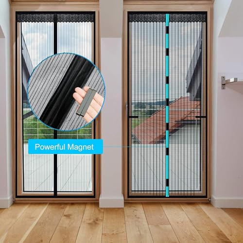 Cortina de Puerta Magnética,con sello magnético de cierre automático súper hermético,con Nylon Tiras de Almacenamiento en los Lados,Cinta Sin Taladros, puerta de pantalla magnética malla。 (210×90cm)
