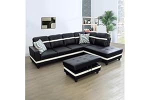 UBGO Living Room Furniture Sets,103" Sectional, L-Shape Storage Ottoman and Chaise,3-Piece Modular Sofas & Couches,Black and White Semi PU Synthetic Leather (Right Hand Facing)