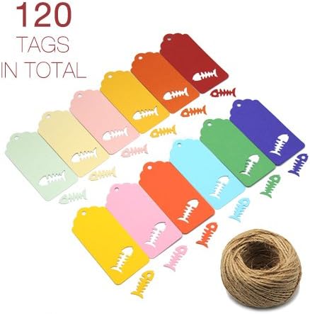 ZapFirst 120 PCs Fishbone-tag Gift Tags with Free 120 Feet Hemp Rope (Assorted colors)