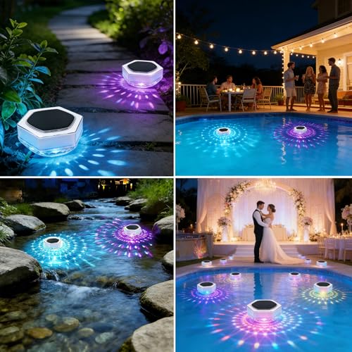 Dekofun Pack of 2 Pool Lighting, Underwater Solar, IP68 Waterproof LED Pool Light with Remote Control, RGB, Timer, 3 Modes, Floating Pool Lighting Lights for Whirlpool, Bath, Spa, Garden, Balcony