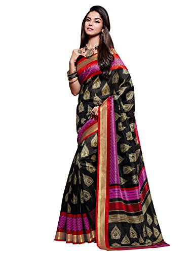 Shonaya Women's Printed Cotton Art Silk Black Stripes Print Saree With Unstitched Blouse Piece