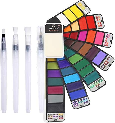MEEDEN Watercolor Paint Set, 42 Assorted Colours Foldable Paint Set with 4 Brushes, Journey Pocket Watercolor Equipment for College students Adults Starting Artist Watercolor Painters Area Sketch Out of doors Portray