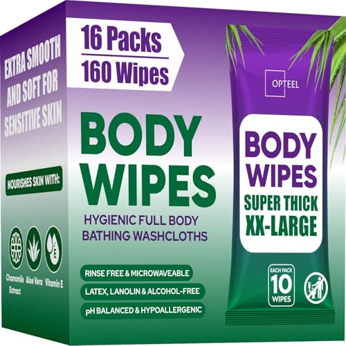 OPTEEL Super Thick Bathing Wipes for Adults Bathing No Rinse – Full Body Shower Wipe, Ideal for Men, Women & Elderly – Extra Large & Soft Travel Wipes Perfect Alternative to Shower – 16 Packs (160ct)