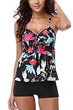 ALove Women's Floral Tankinis with Shorts Two Piece Swimwear Black 10
