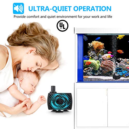 Fountain Pump, 80GPH Submersible Water Pump, Durable 4W Outdoor Fountain Water Pump with 7.2ft(2.2m) Power Cord, 2 Nozzles for Aquarium, Pond, Fish Tank, Water Pump Hydroponics, Backyard Fountain