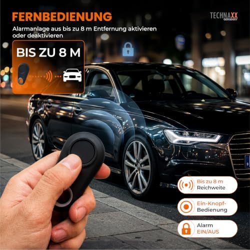 Autoalarm mit PIR Bewegungsmelder – 12–24V Plug-in Alarm mit 110dB Sirene, 6-Tage Akku, USB-A & USB-C Ladeports, LED-Anzeige & Fernbedienung - 2026 Update Modell - TX-100