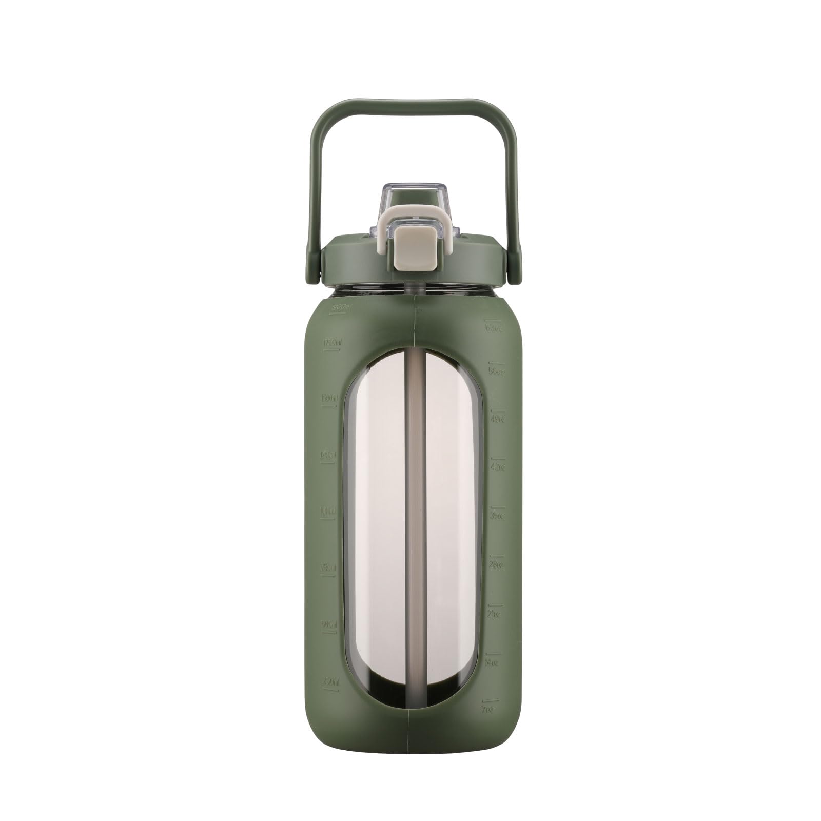 BLUEGO 2L Wasserflasche mit Strohhalm und Griff, Borosilikatglas Trinkflasche mit Silikonhülle für Sport und Reisen, Auslaufsicher, BPA-frei, Olive