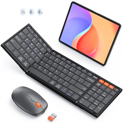 MEETION Faltbare Tastatur und Maus, zusammenklappbare, tragbare kabellose Tastatur-Maus, volle Größe, wiederaufladbar, 2,4 G + Dual-Bluetooth-Tastatur