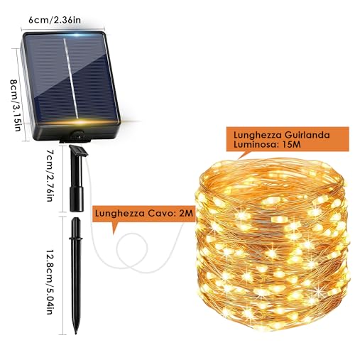Outdoor Solar Lights, 4 Packs, 15 + 2 M 150 LED Outdoor Solar Light Chain IP65 Waterproof 8 Modes Warm White Copper Wire, Decorative Garden Solar Lights for Tree, Patio, Balcony