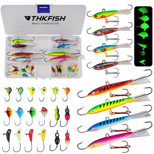 THKFISH® Ice Fishing Lure, 26pcs 1.1g-18g Assorted Ice Fishing Jigs Walleye Winter Fishing Lures ice Box Set