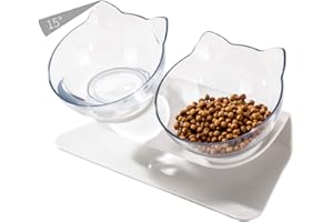 Luck Dawn Double Elevated Cat Bowls with Raised Stand, 15 Tilted cat Design Neck Guard Stand Pet Food Water Feeder Bowl for Cats or Small Dogs